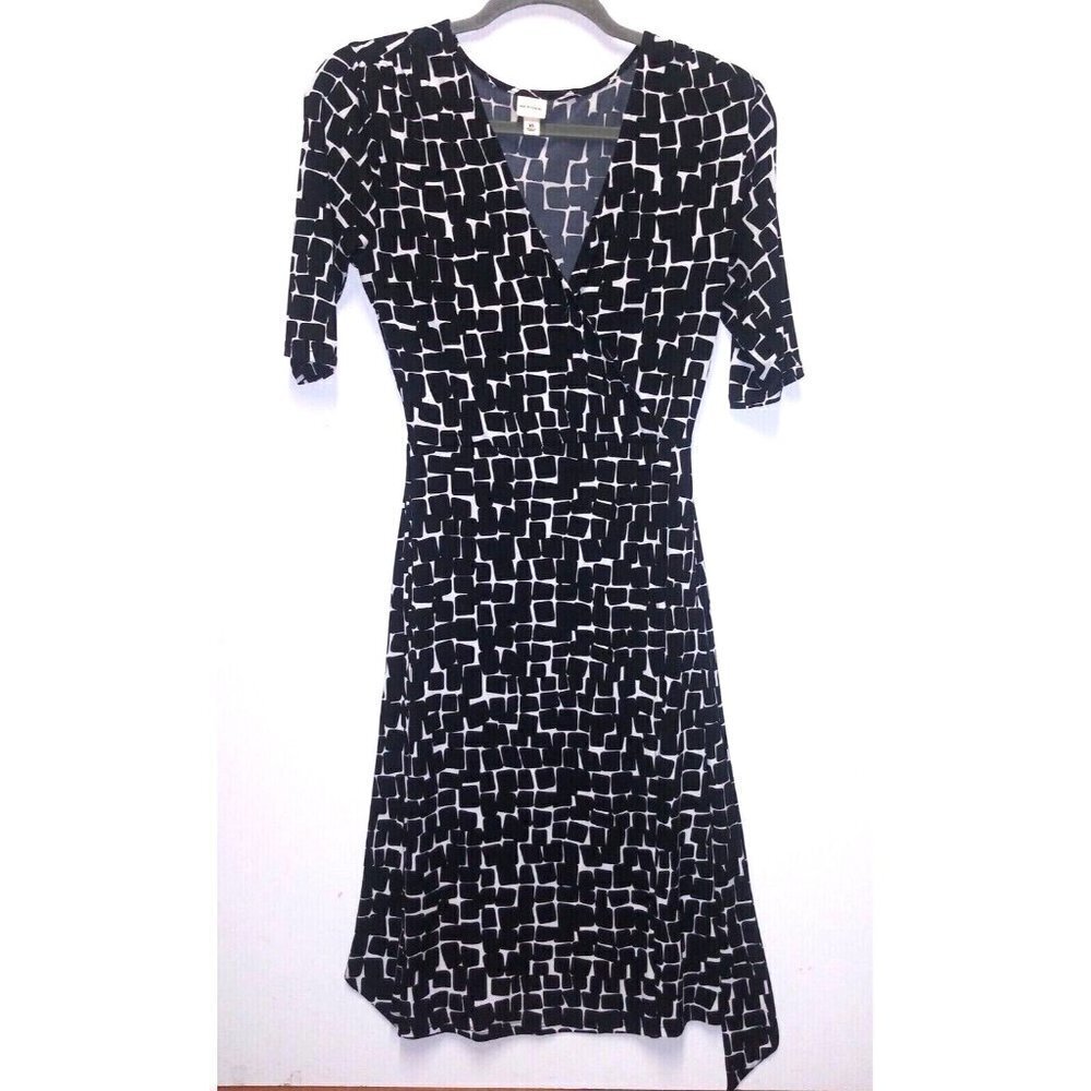 Merona dress black white XS fit flare wrap V Geometric print stretch No-Iron EUC